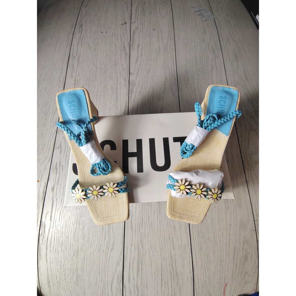 Schutz Hina Mid Blue Daisy Raffia Lace Up Block Heel Sandals Womens‎ 6.5B NEW